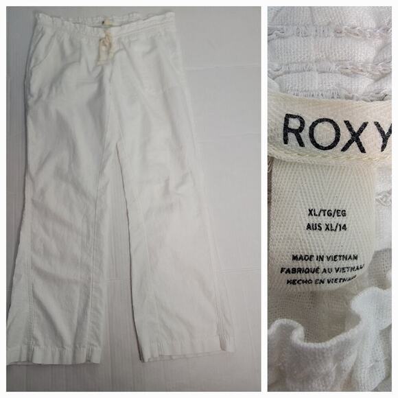 Roxy Linen Blend Pants Womens Sz XL Straight Drawstring Pockets Relaxed White - Picture 1 of 12